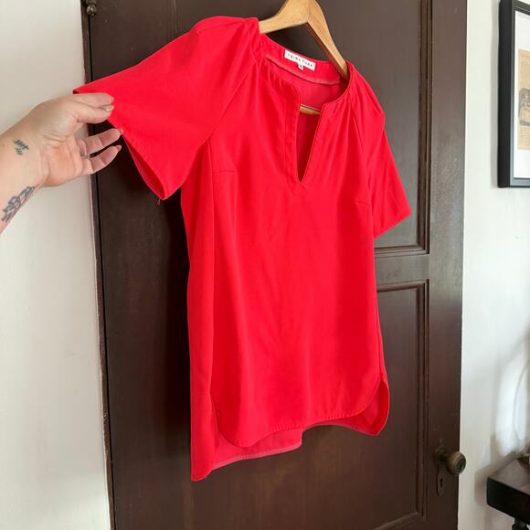 TRINA TURK | Hot Coral Split Neck Drop Hem Short Sleeve Top Neon | Size Small - Picture 8 of 8